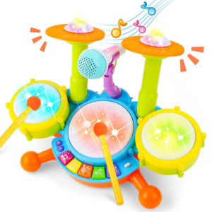 Kids electronic drum set with microphone, multiple drum pads, cymbals, flashing lights, and built-in music effects musical toy for children