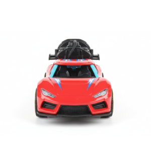 Colorful red remote control racing car with blue lightning decals.