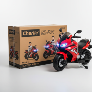 Charlie TZ-201 red electric ride-on motorcycle for kids with LED lights.