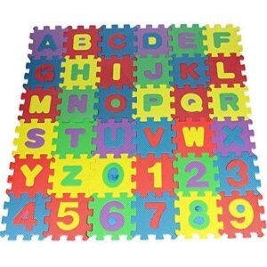 Colorful ABC 123 EVA foam puzzle play mat with interlocking alphabet and number tiles for kids learning and floor play