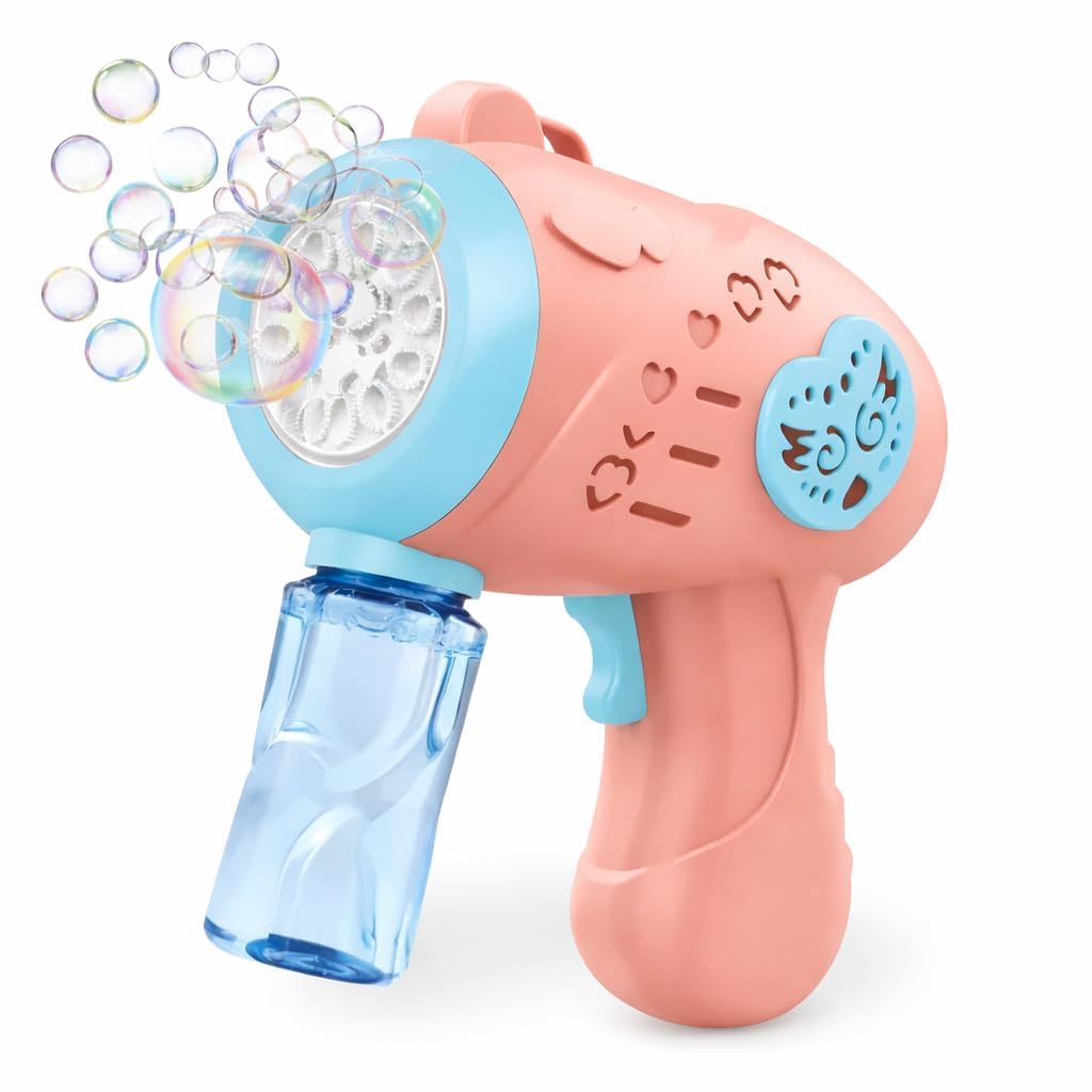 Pink and blue heart-themed automatic bubble gun toy for kids.