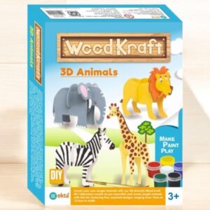Ekta WoodKraft 3D Animals box showing wooden lion, elephant, and zebra.