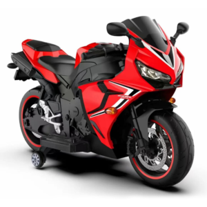 Kids red sports electric ride-on bike with training wheels, sporty racing design, comfortable seat, and rechargeable battery powered motorcycle toy