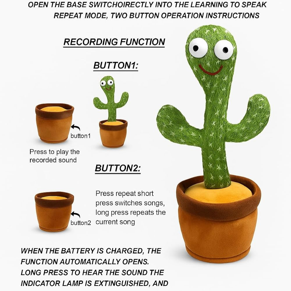 Dancing Cactus Talking & Singing Toy with Voice Repeat & LED Music – Interactive Plush Toy for Kids - Image 4