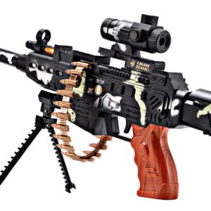 Battery operated toy machine gun with flashing lights and sound effects for kids role play and action games