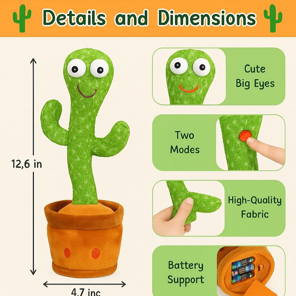 Dancing Cactus Talking & Singing Toy with Voice Repeat & LED Music – Interactive Plush Toy for Kids - Image 2