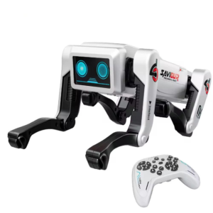Smart remote control robot dog with LED digital eyes, programmable actions, interactive walking and bending movements, and multi-function RC toy for kids