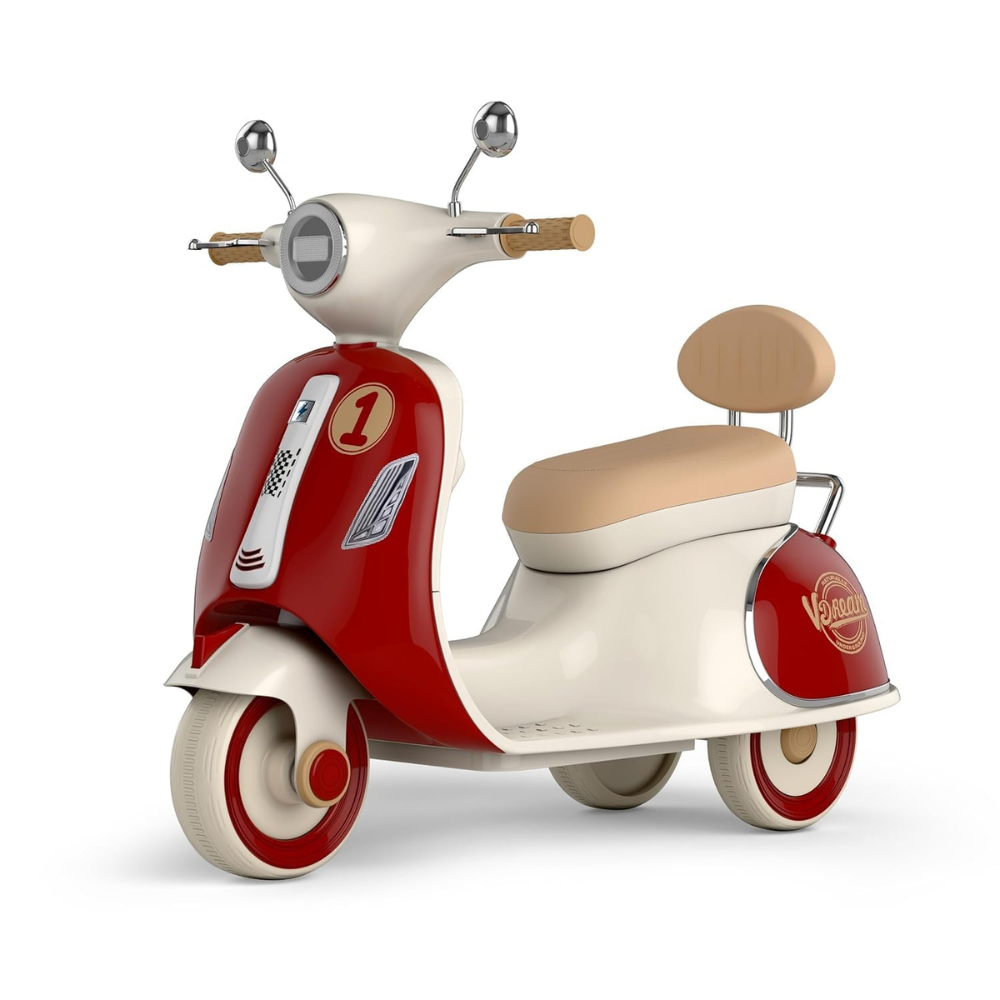 Kids retro electric ride-on scooter with Vespa-style design, comfortable seat, smooth wheels, and battery-operated motor for outdoor play