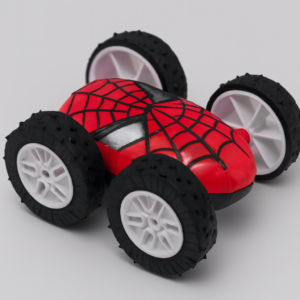 Red spider web 360 degree stunt car toy with superhero design and big wheels for kids