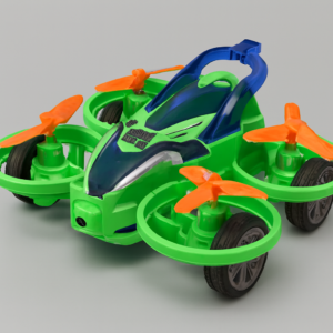 Green 4 propeller drone car toy with flying and driving features and orange propellers for kids