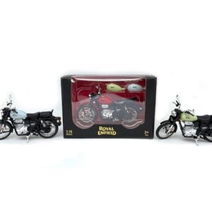 Royal Enfield Classic 1:12 scale die-cast model kit with red, sky blue, and desert storm interchangeable fuel tanks on a white background. Khel Khilone Hub