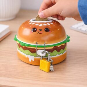 Cute Kawaii Hamburger Piggy Bank – Tinplate Money Box with Lock and Key, Khel Khilone Hub