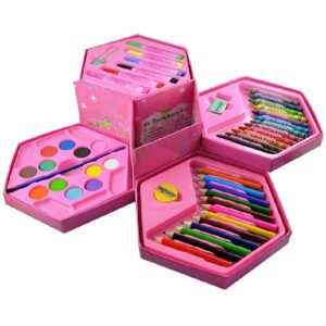 46-Piece Ultimate Kids Art Set – Hexagonal Folding Case with Paints, Crayons & Pencils