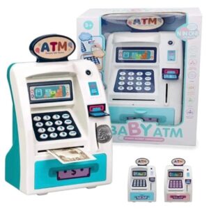 Electronic toy ATM savings bank for kids with banknote input and coin slot, pink and white design with keypad and drawer. Khel Khilone Hub