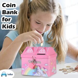 Unicorn Hut Piggy Bank with Lock | Pink Metal Money Box, Khel Khilone Hub