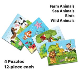 Wondrbox 4-pack of 12-piece puzzles, including Farm Animals, Sea Animals, Birds, and Wild Animals, on a white background. Khel Khilone Hub