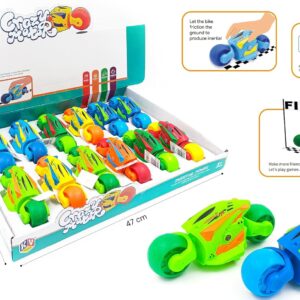 A display box containing 12 colorful friction-powered inertial toy motorcycles for kids.