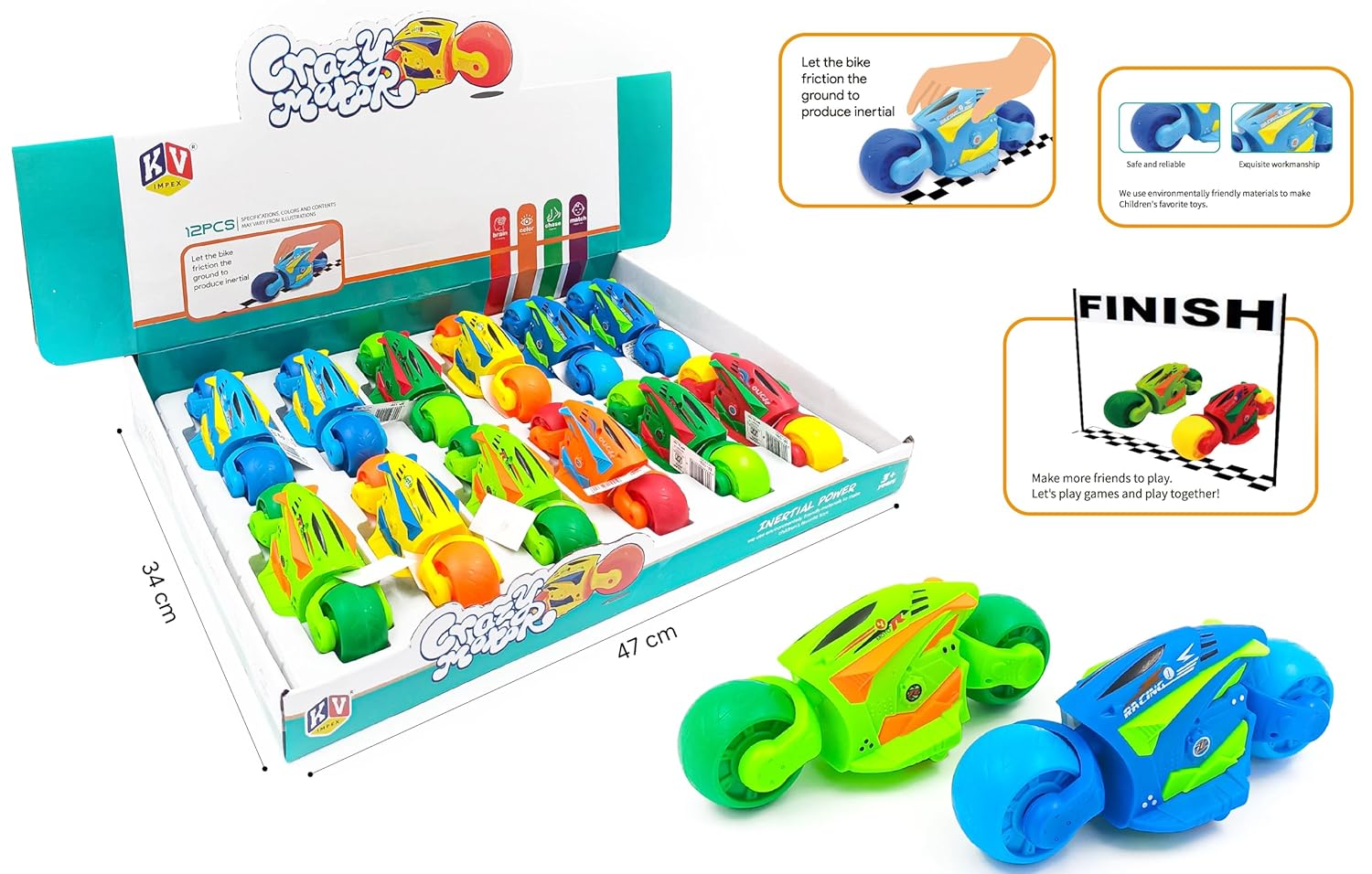 A display box containing 12 colorful friction-powered inertial toy motorcycles for kids.