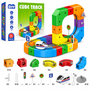Electric Train Set with 3D Magic Flexible Race Tracks for Kids, Gravity-Defying 3D Racing Electric Building Blocks Train Track Set, Early Learning Modular Educational Toy[51 pcs]